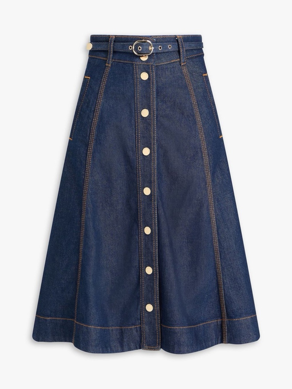 Zimmermann Dark Blue Denim A-Line Midi Skirt with Belt